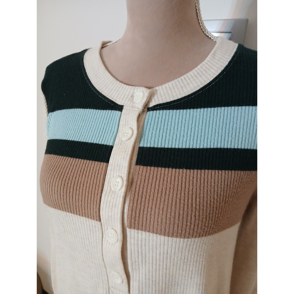 Lands End Womens M 10-12 Ribbed Henley Long Sleeve Striped Top Cream Blue Tan - Picture 2 of 11